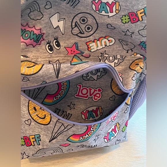 Emoji Jersey Doodle Backpack 16” X 12" Zip Compartments Smiley Face - Picture 3 of 7